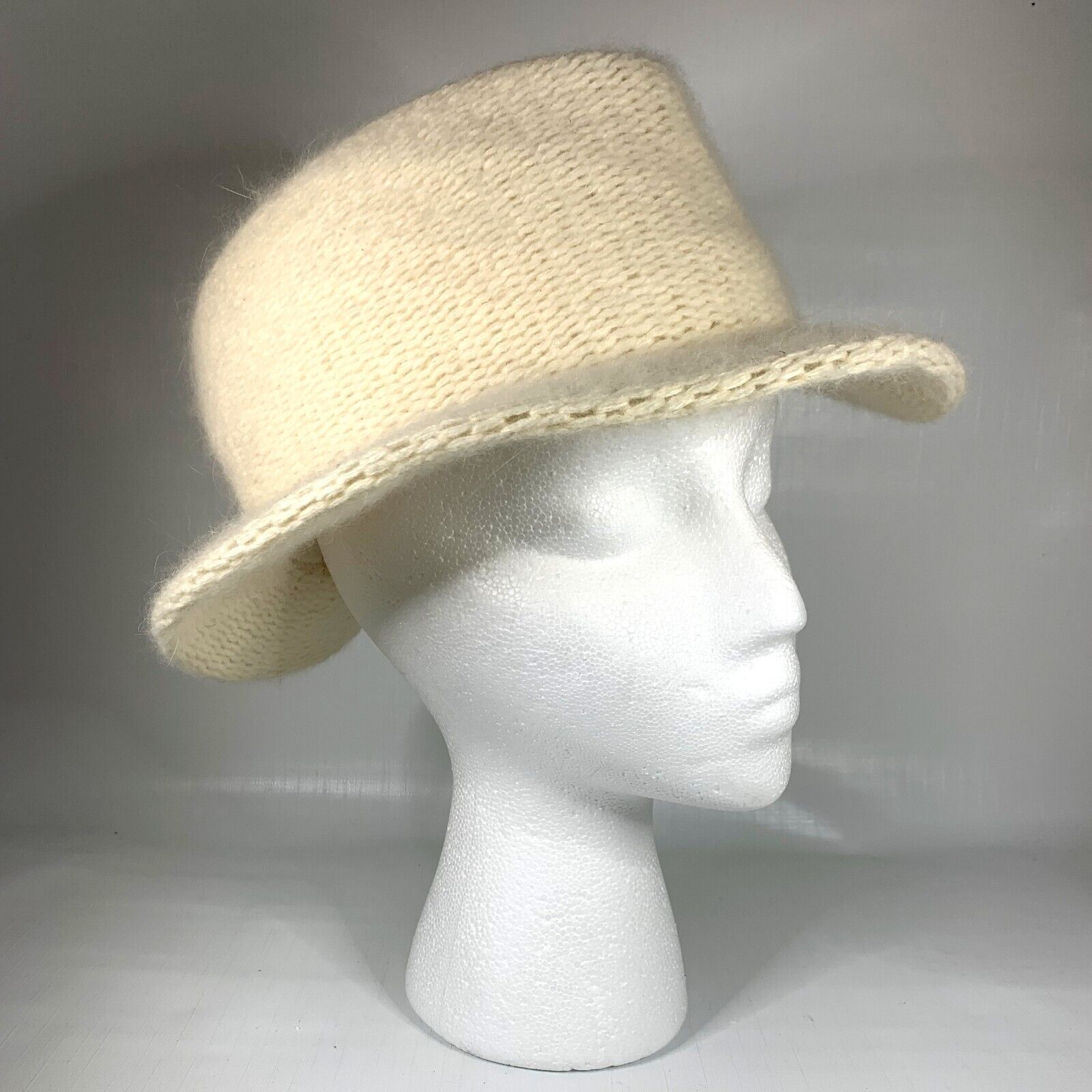 Vintage Womens Italian Angora Blend Hat Knit Wool Gimbels Fedora Preppy